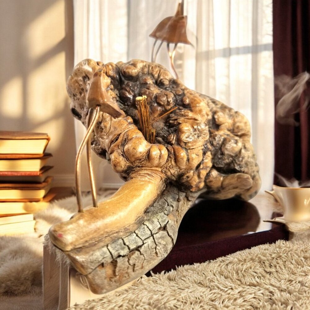 Burled Knob Driftwood Sculpture  3-Cranes Birds on Copper Legs 1950 MCM Folk Art - Picture 10 of 16